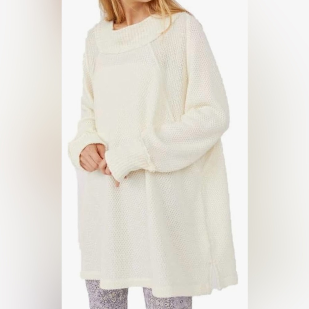 #582 Free People womens She’s a Keeper Vented-hem Tunic Cowl-neck Sweater Large